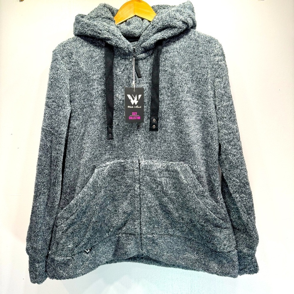 Fuzzy Teddy Fleece Zip Hoodie Jacket Charcoal Gray by White Mark Cozy Collection